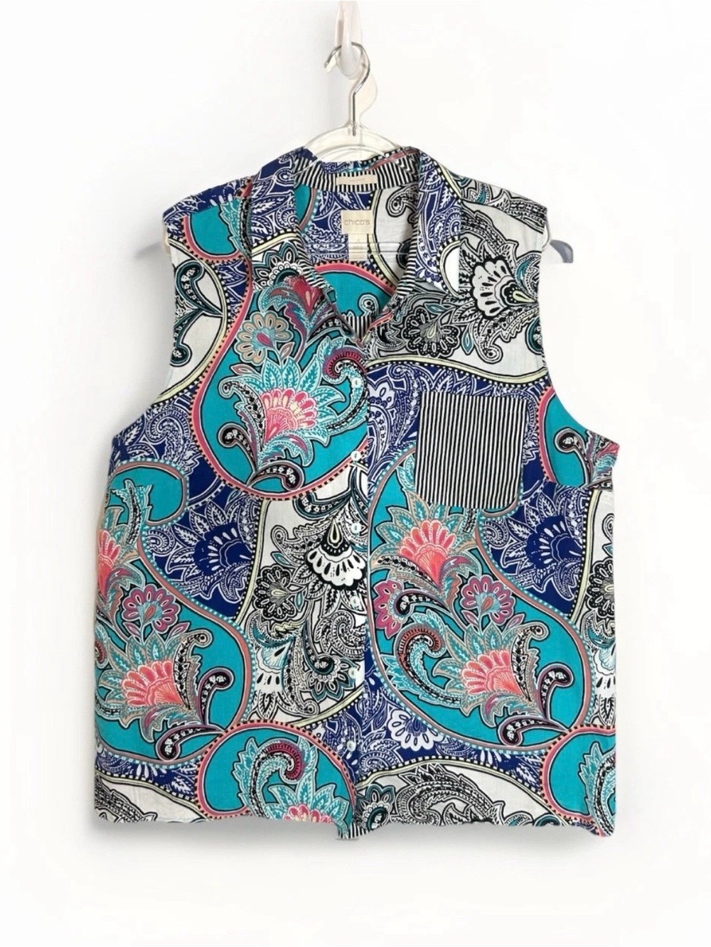 Chico's Blouse Top Women 4/XXL Paisley Multicolor Sleeveless  Button Up Cotton
